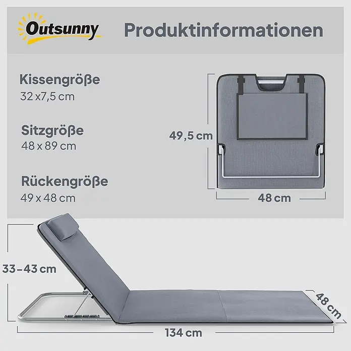 Outsunny Gartenliegen-Set - B x T: 134 x 134 cm, Grau, Stahl, Rückenlehne verstellbar - Graue, tragbare Sonnenliege mit verstellbarer Rückenlehne und integriertem Kissen, zeigt detaillierte Maße.