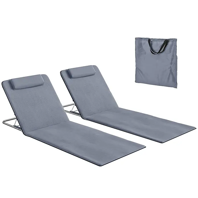 Outsunny Gartenliegen-Set - B x T: 134 x 134 cm, Grau, Stahl, Rückenlehne verstellbar - Zwei graue klappbare Strandliegen mit verstellbaren Rückenlehnen und Kopfstützen, zusammen mit einer passenden grauen Tragetasche.