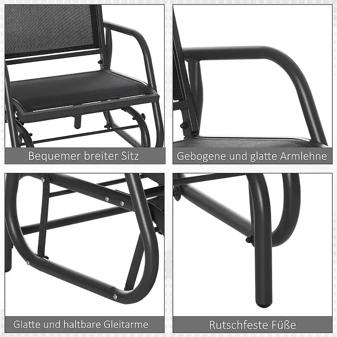 Outsunny Garten-Schaukelstuhl - 1 Stk., Metall, Mesh-Stoff, Schwarz - Schwarze Metall- und Netzgewebe-Gartenschaukelstuhl mit breitem Sitz, geschwungenen Armlehnen, robustem Gleitmechanismus und rutschfesten Füßen.