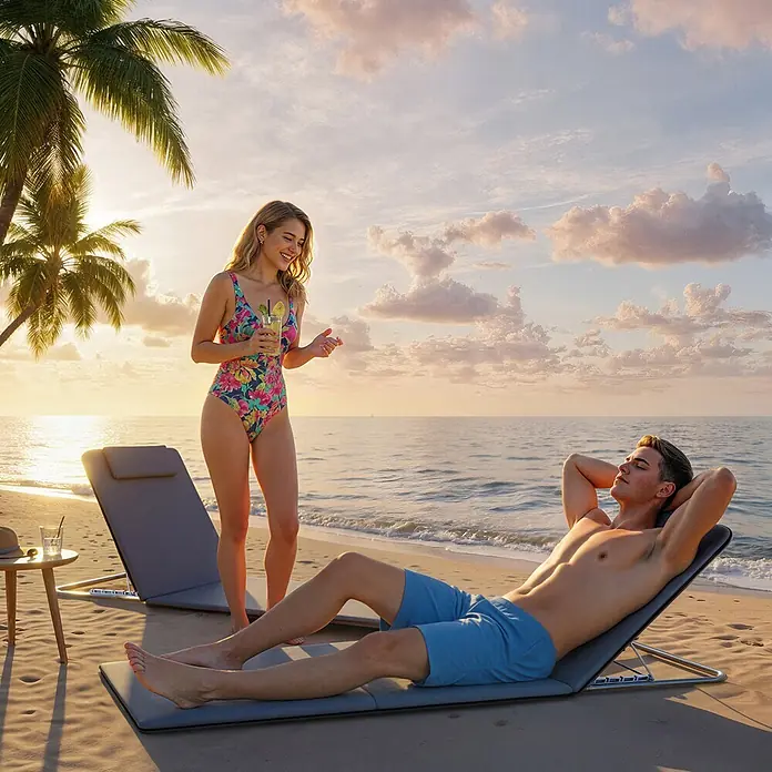 Outsunny Gartenliegen-Set - B x T: 134 x 134 cm, Grau, Stahl, Rückenlehne verstellbar - Zwei graue Strandliegen am Sandstrand bei Sonnenuntergang, eine von einer Person genutzt.