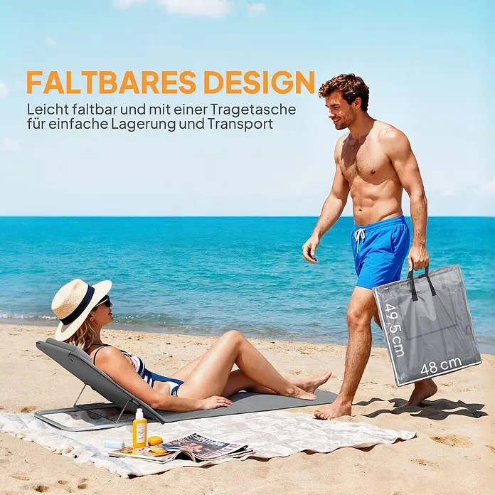 Outsunny Gartenliegen-Set - B x T: 134 x 134 cm, Grau, Stahl, Rückenlehne verstellbar - Graue faltbare Strandliege am Strand. Gefaltet in Tragetasche (49,5x48 cm) und entfaltet in Gebrauch.