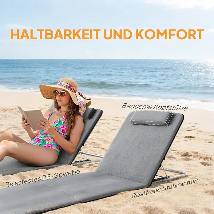 Outsunny Gartenliegen-Set - B x T: 134 x 134 cm, Grau, Stahl, Rückenlehne verstellbar - Graue Strandliegen aus reißfestem PE-Gewebe mit Kopfstützen und Edelstahlrahmen am Strand; eine Frau liest.