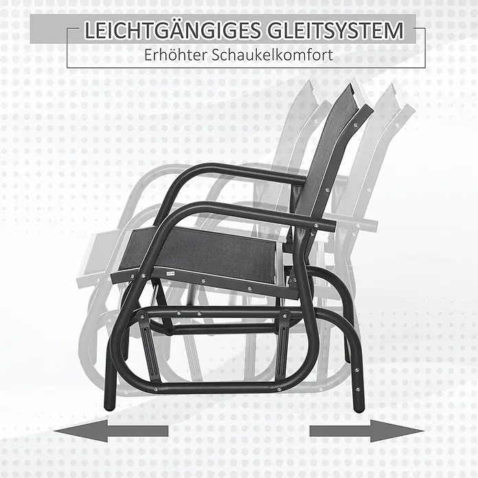 Outsunny Garten-Schaukelstuhl - 1 Stk., Metall, Mesh-Stoff, Schwarz - Dunkelgrauer Metall-Gleitschaukelstuhl demonstriert sanfte Schaukelbewegung durch die Darstellung mehrerer Positionen.