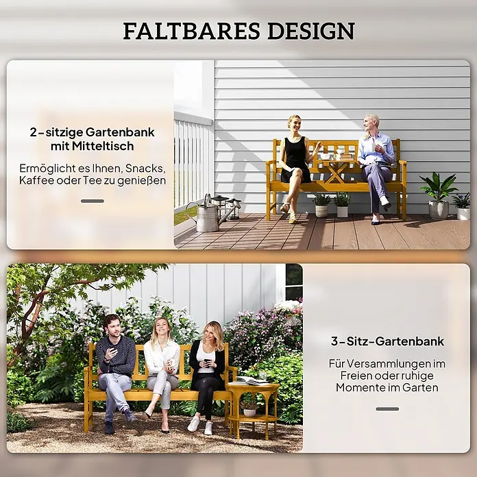 Outsunny Gartenbank - B x T x H: 56,5 x 57 x 89 cm, Akazienholz, Teak - Faltbare Gartenbank aus Holz. Gezeigt als 2-Sitzer mit Mitteltisch und 3-Sitzer.
