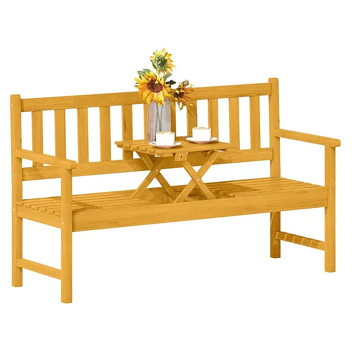 Outsunny Gartenbank - B x T x H: 56,5 x 57 x 89 cm, Akazienholz, Teak - Gartenbank aus Naturholz mit integriertem Klapptisch, Sonnenblumen und Kaffeetassen.