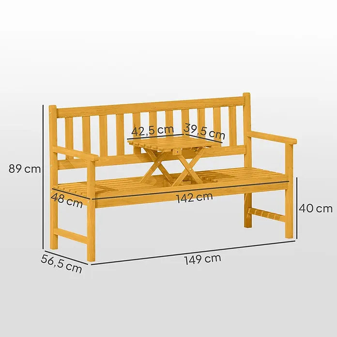 Outsunny Gartenbank - B x T x H: 56,5 x 57 x 89 cm, Akazienholz, Teak - Helle Holzbank für den Garten mit ausklappbarem Tisch in der Mitte.