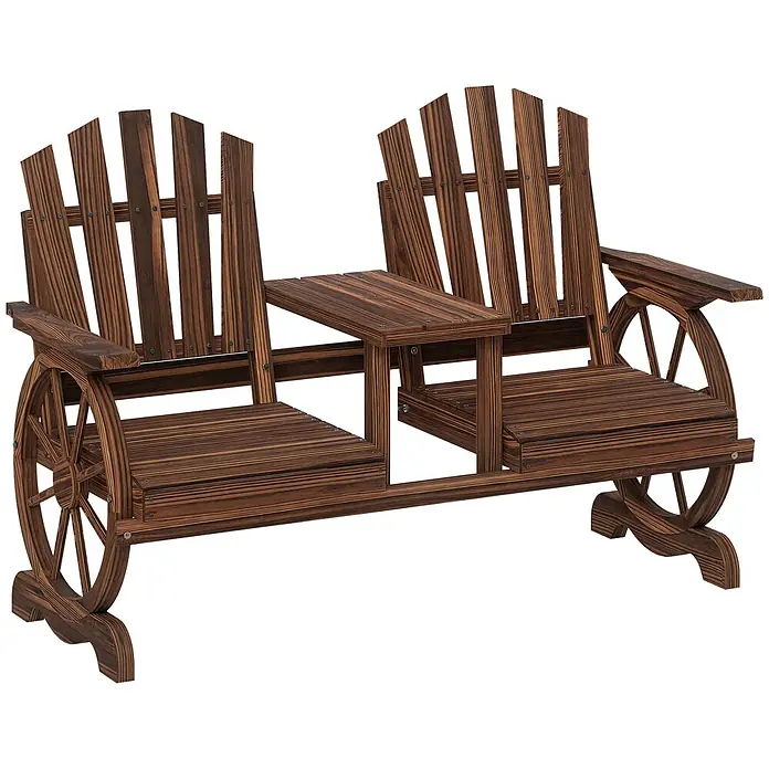 Outsunny Gartenbank - B x T x H: 65 x 65 x 102 cm, Tannenholz, Braun - Dunkelbraune Holz-Doppelgartenbank im Adirondack-Stil mit integriertem Beistelltisch und Wagenrad-Armlehnen/Beinen.