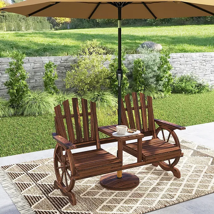 Outsunny Gartenbank - B x T x H: 65 x 65 x 102 cm, Tannenholz, Braun - Hölzerne Gartenbank für zwei Personen im Wagenraddesign mit Tisch, auf Outdoor-Teppich unter Schirm.