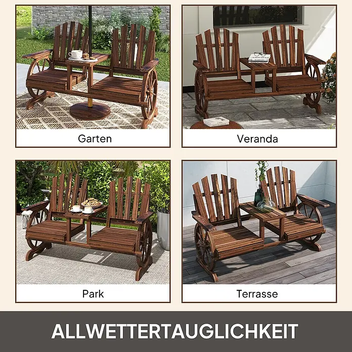 Outsunny Gartenbank - B x T x H: 65 x 65 x 102 cm, Tannenholz, Braun - Dunkelbraune Holz-Zweisitzer-Gartenbank mit integriertem Mitteltisch, geeignet für Außenbereiche wie Gärten und Terrassen.