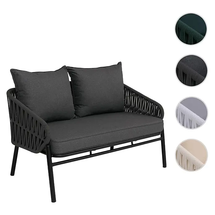 Proregal Loungesofa - Aluminium, Beige - Dunkelgraues Zweisitzer-Sofa mit Kissen, geflochtener Seil-Rückenlehne/Armlehnen und schwarzem Metallgestell. Erhältlich in verschiedenen Seilfarben.