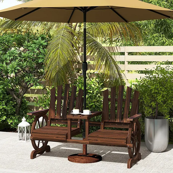 Outsunny Gartenbank - B x T x H: 65 x 65 x 102 cm, Tannenholz, Braun - Dunkelbraune Gartenbank aus Holz für zwei Personen mit integriertem Tisch und beigem Sonnenschirm, ideal für Entspannung im Freien.