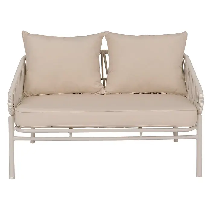 Proregal Loungesofa - Aluminium, Beige - Zweisitzer-Sofa mit hellbeigem Gestell, geflochtenen Details und passenden Kissen.