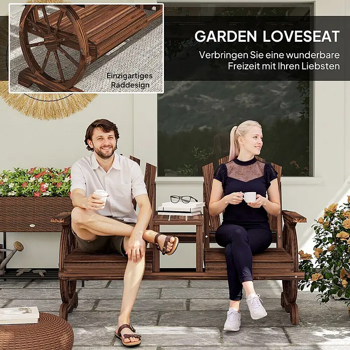 Outsunny Gartenbank - B x T x H: 65 x 65 x 102 cm, Tannenholz, Braun - Dunkle Holz-Gartenbank mit einzigartigem Rad-Design, von zwei Personen im Freien genutzt, mit kleinem Tisch.
