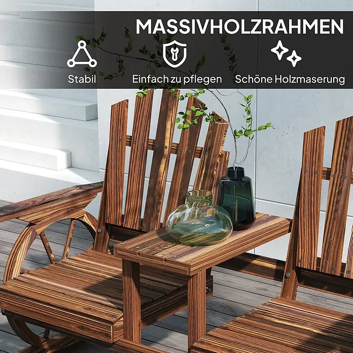Outsunny Gartenbank - B x T x H: 65 x 65 x 102 cm, Tannenholz, Braun - Massivholz-Doppelschaukelstuhl mit integriertem Tisch und schöner Holzmaserung, auf einer Terrasse.