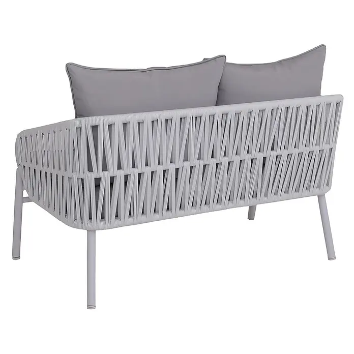 Proregal Loungesofa - Aluminium, Grau - Zweisitzer-Outdoor-Sofa mit weißem Seilgeflecht und hellgrauen Kissen.