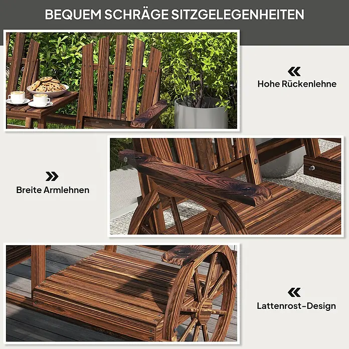 Outsunny Gartenbank - B x T x H: 65 x 65 x 102 cm, Tannenholz, Braun - Dunkelbraune Gartenbank aus Holz mit schräger Sitzfläche, hoher Rückenlehne und breiten Armlehnen, in Lamellen-Design für Outdoor-Komfort.