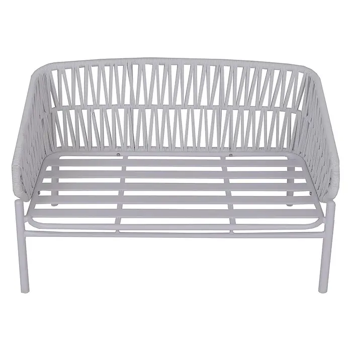 Proregal Loungesofa - Aluminium, Grau - Weiße Gartenbank mit geflochtener Rückenlehne und Armlehnen, und lattenförmiger Metallsitzfläche.