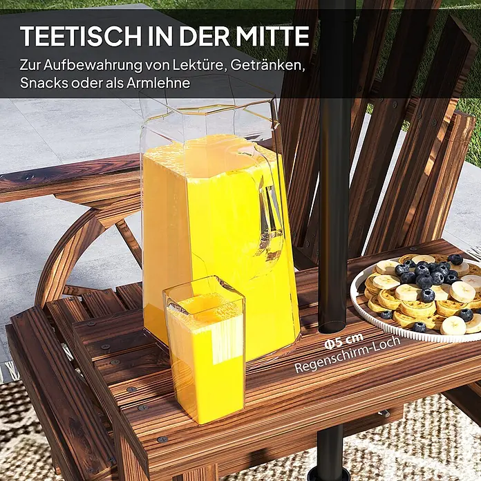 Outsunny Gartenbank - B x T x H: 65 x 65 x 102 cm, Tannenholz, Braun - Eine dunkle Holz-Gartenbank mit einem zentralen Tisch und Schirmloch, auf dem Getränke und Snacks stehen.