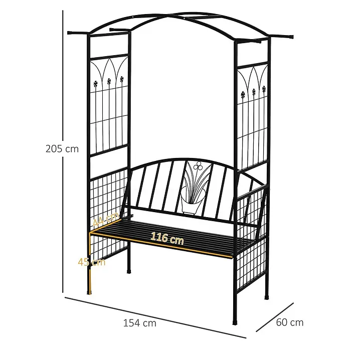 Outsunny Gartenbank - Metall, Schwarz - Schwarze Metall-Gartenlaube mit integrierter Bank, mit dekorativen Mustern und Pflanzenmotiv auf der Rückenlehne.