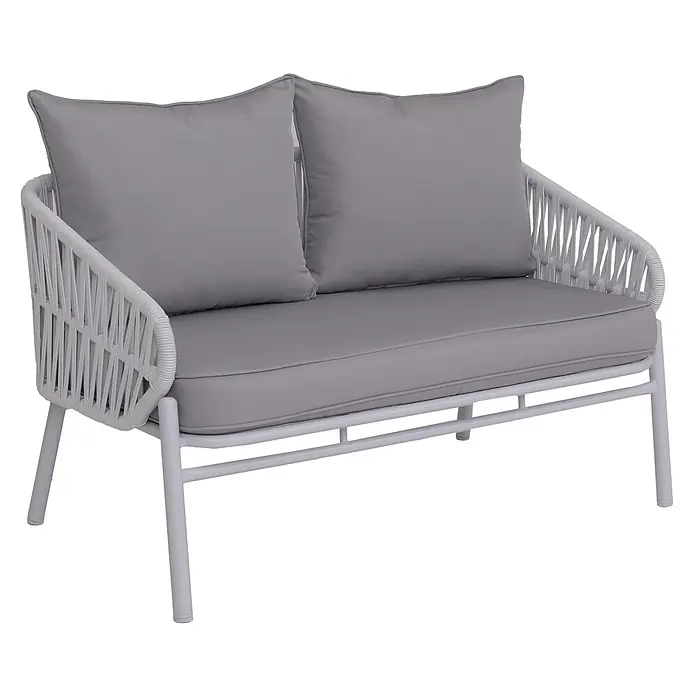 Proregal Loungesofa - Aluminium, Grau - Weißes Metall-Gartensofa mit geflochtenen Seilarmlehnen und grauen Polstern.