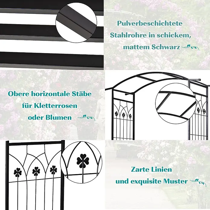 Outsunny Gartenbank - Metall, Schwarz - Matt schwarzer, pulverbeschichteter Stahl-Gartenbogen, mit eleganten Mustern und Querstreben für Kletterpflanzen.