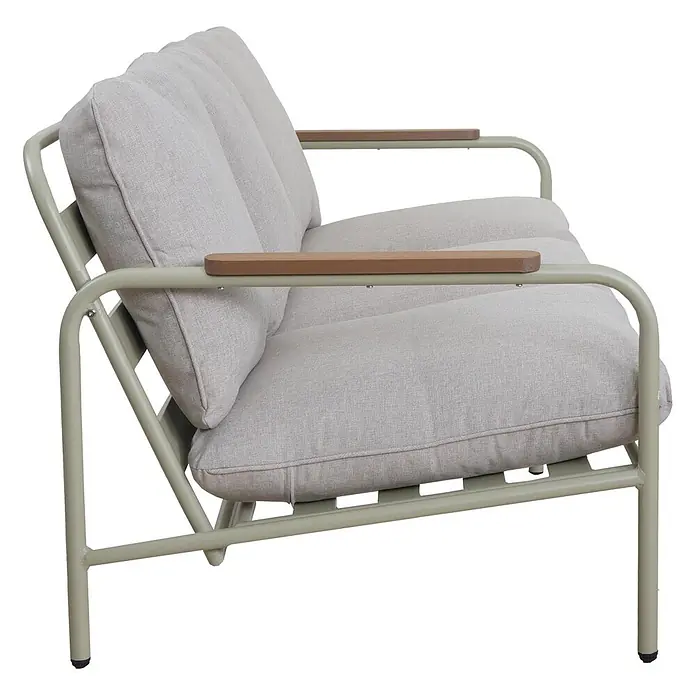 Proregal Loungesofa - Aluminium, Grün - Zweisitziges Outdoor-Sofa mit hellgrauen Kissen, hellgrünem Metallrahmen und Holzarmlehnen.
