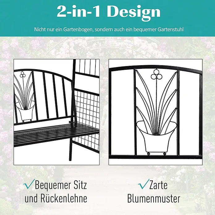 Outsunny Gartenbank - Metall, Schwarz - Schwarzer Metall-Gartenbogen mit integrierter Sitzbank und Rückenlehne mit zartem Blumenmuster.