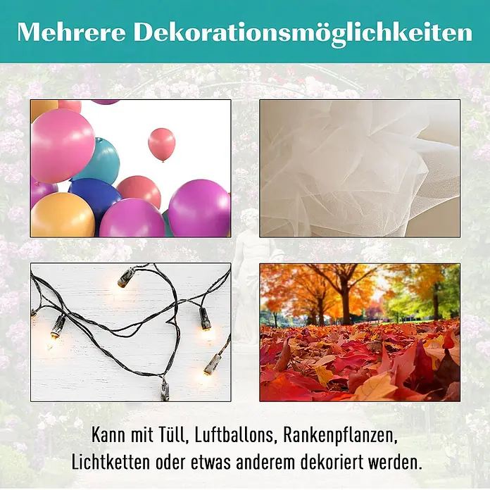 Outsunny Gartenbank - Metall, Schwarz - Beispiele für Dekorationen: bunte Ballons, weißer Tüll, Lichterketten und Herbstblätter, zeigen vielseitige Dekorationsmöglichkeiten.