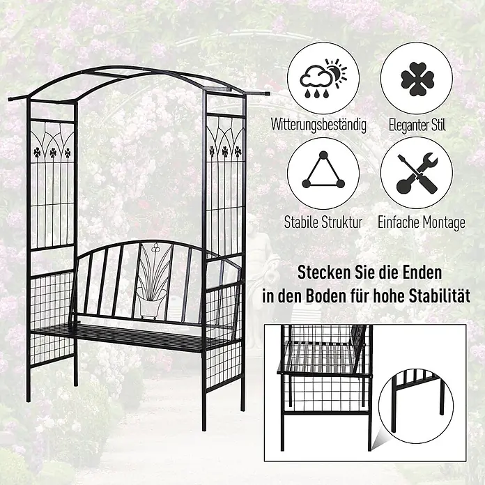 Outsunny Gartenbank - Metall, Schwarz - Schwarze Metall-Gartenlaube mit integrierter Bank, dekorativem Design und Bodenankern für Stabilität, in einem Garten platziert.