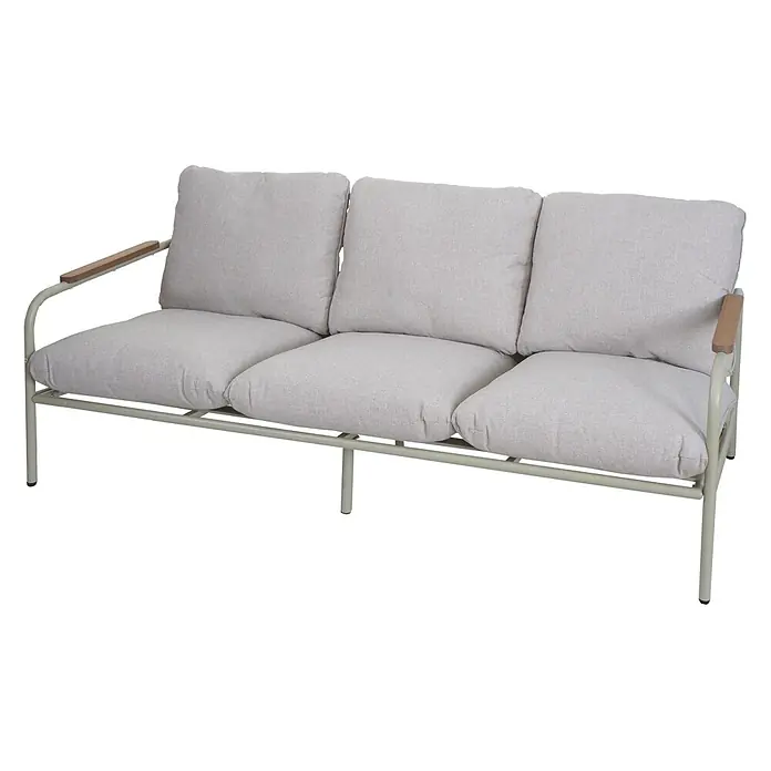 Proregal Loungesofa - Aluminium, Grün - Dreisitzer-Outdoor-Sofa mit hellgrauen Polstern, hellgrünem Metallrahmen und Holzarmlehnen.