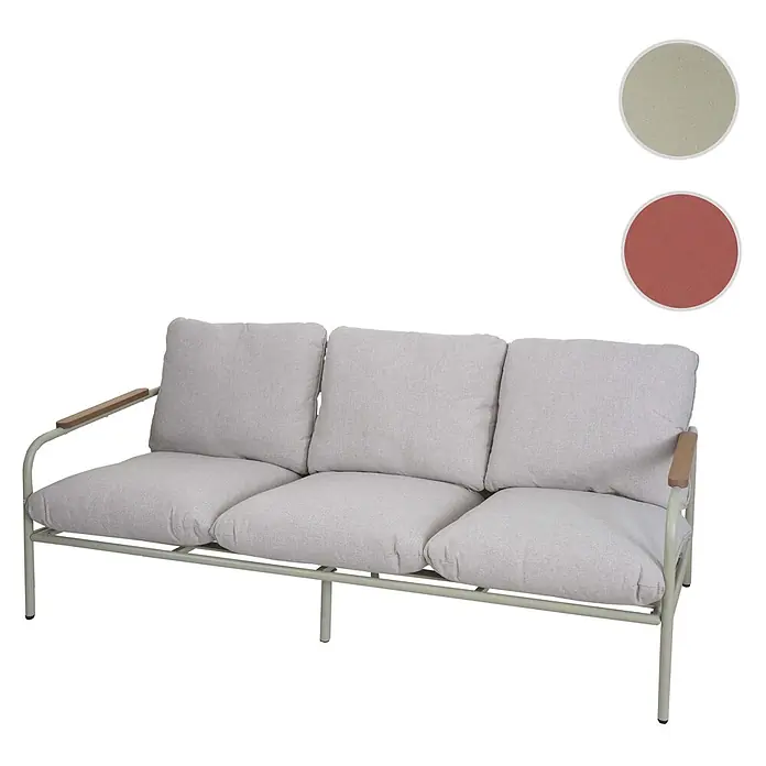 Proregal Loungesofa - Aluminium, Grün - Dreisitziges Outdoor-Sofa mit hellolivgrünem Metallgestell, hellbeigen Kissen und Armlehnen aus Holz.