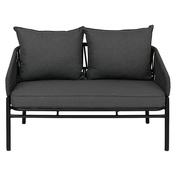 Aluminium-Gartenbank | HxBxT 83x	116x65cm | Gartensofa Outdoor Sitzbank | Seilgeflecht Rope Stoff/Textil - 180g/m² - Dunkelgraues Zweisitzer-Outdoorsofa mit schwarzem Metallgestell, geflochtenen Armlehnen und Plüschkissen.