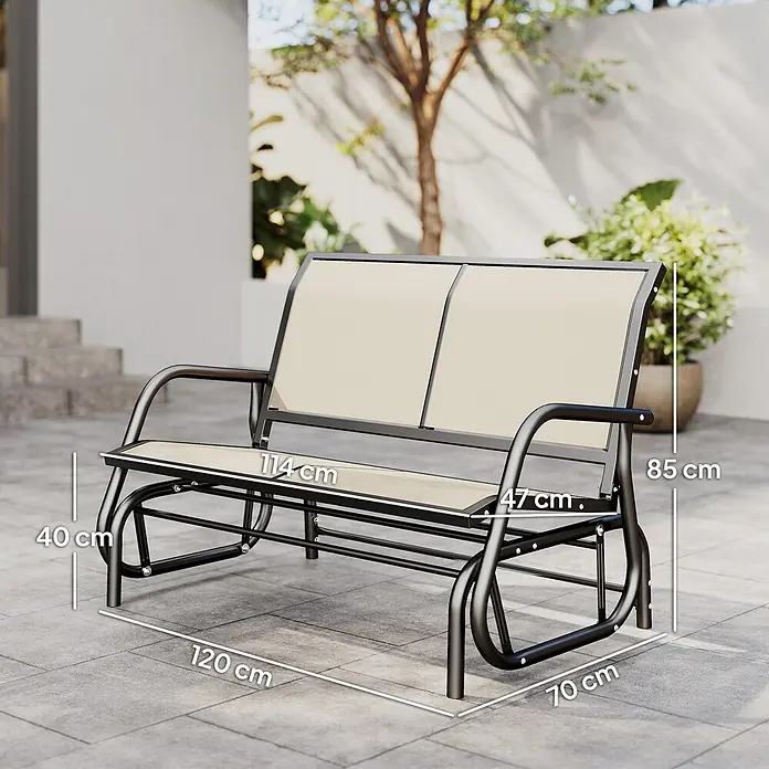 Outsunny Gartenbank Schaukelbank - B x T x H: 70 x 70 x 85 cm, Metall, Netzstoff, Beige - Zweisitzer-Gartenschaukelbank mit schwarzem Metallgestell und beigefarbenen Sitzflächen, Maße angegeben.