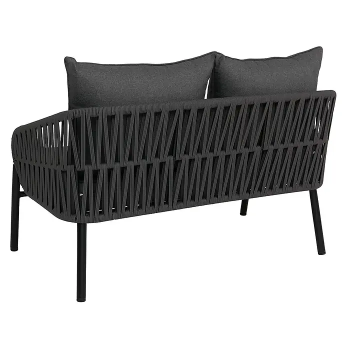 Aluminium-Gartenbank | HxBxT 83x	116x65cm | Gartensofa Outdoor Sitzbank | Seilgeflecht Rope Stoff/Textil - 180g/m² - Dunkelgraues Seilgeflecht-Outdoor-Sofa mit zwei dunkelgrauen Kissen und schwarzen Metallbeinen.
