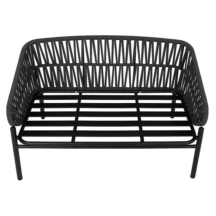 Aluminium-Gartenbank | HxBxT 83x	116x65cm | Gartensofa Outdoor Sitzbank | Seilgeflecht Rope Stoff/Textil - 180g/m² - Schwarzes Outdoor-Sofa-Gestell mit geflochtener Seil-Rückenlehne und Metallbasis, bereit für Kissen.