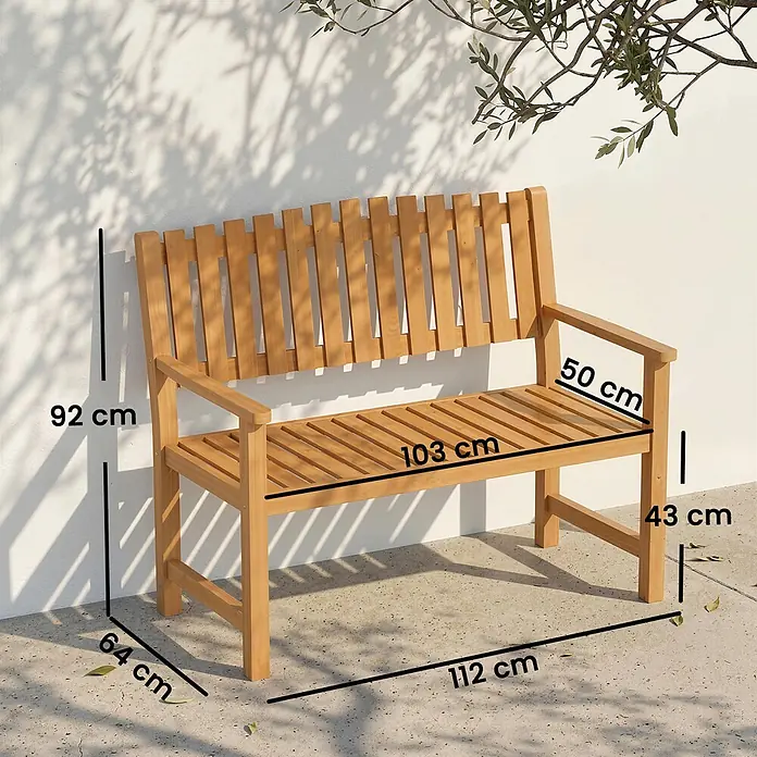 Outsunny Gartenbank - Akazienholz, Naturholz - Holzgartenbank (112x64x92 cm) mit Armlehnen und Lattenrost-Design, Sitzhöhe 43 cm.