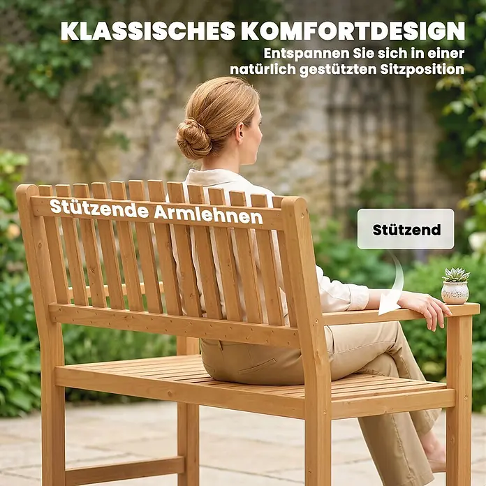 Outsunny Gartenbank - Akazienholz, Naturholz - Klassische Holzgartenbank mit stützenden Armlehnen, auf der eine Frau in einem Garten entspannt.