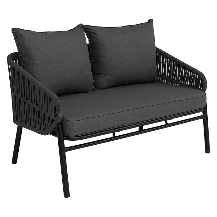 Aluminium-Gartenbank | HxBxT 83x	116x65cm | Gartensofa Outdoor Sitzbank | Seilgeflecht Rope Stoff/Textil - 180g/m² - Dunkelgraues Zweisitzer-Outdoor-Sofa mit schwarzem Metallgestell und geflochtenen Seildetails.