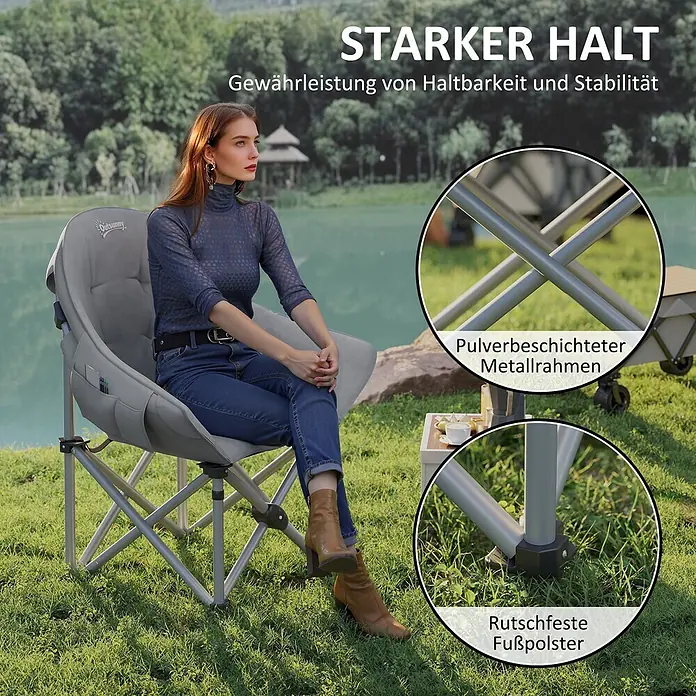 Outsunny Campingstuhl - Kunstleder, Metall, Klappbar, Dunkelgrau, B x T x H: 63 x 63 x 100 cm - Grauer Outsunny Outdoor-Stuhl mit einer sitzenden Frau, pulverbeschichtetem Metallrahmen und rutschfesten Fußpolstern in einer Naturlandschaft.