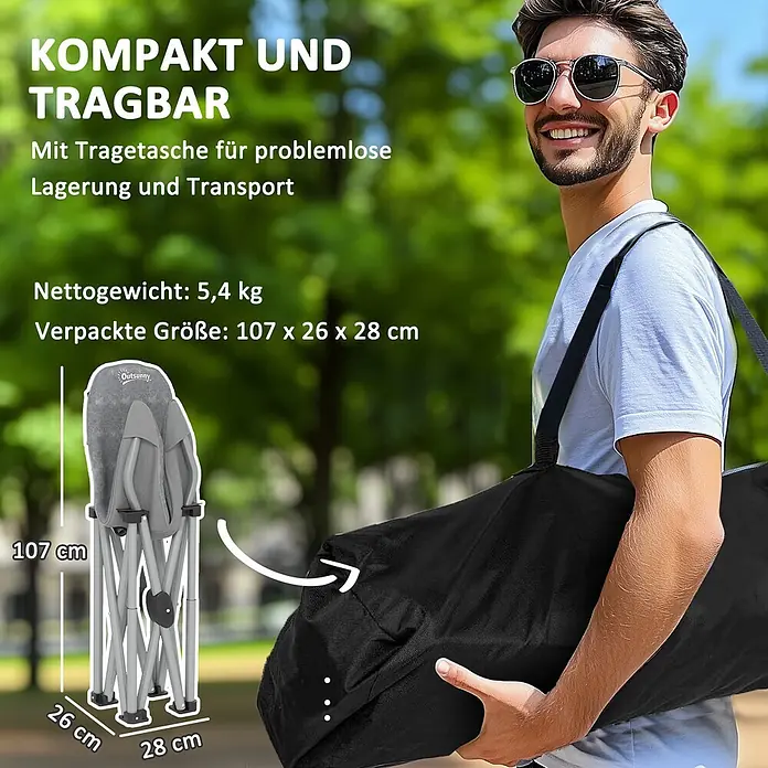 Outsunny Campingstuhl - Kunstleder, Metall, Klappbar, Dunkelgrau, B x T x H: 63 x 63 x 100 cm - Kompakter, grauer Klappstuhl in schwarzer Tragetasche, mit Abmessungen im zusammengeklappten Zustand.