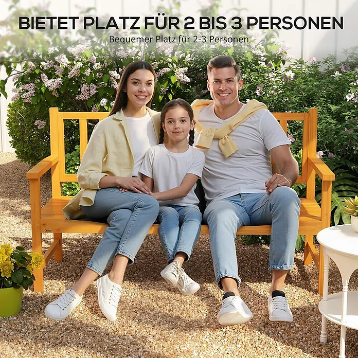 Outsunny Gartenbank - Kiefernholz, Braun - Gelbe Holzgartenbank, bietet bequem Platz für 2-3 Personen, genutzt von einer Familie.