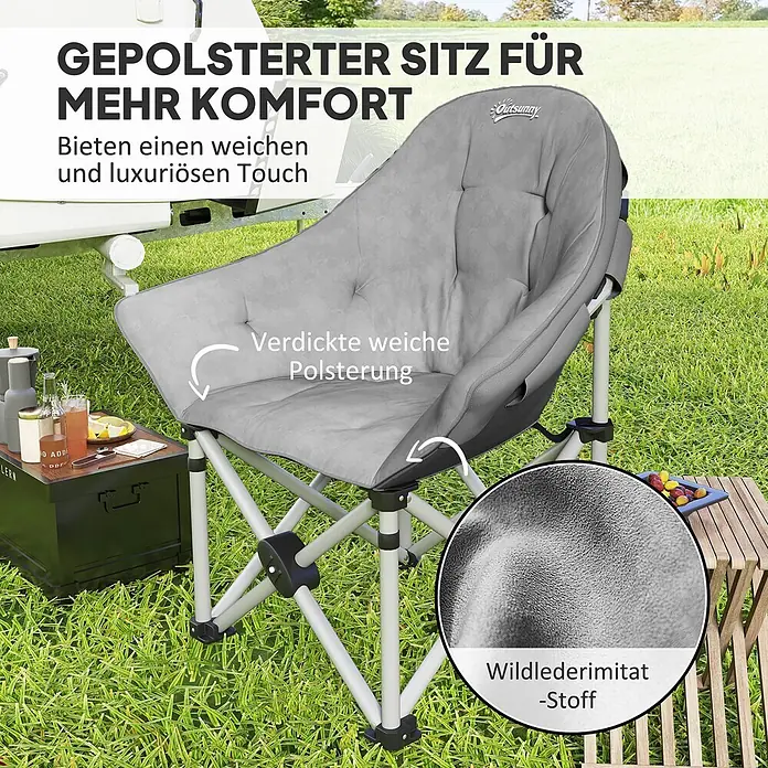 Outsunny Campingstuhl - Kunstleder, Metall, Klappbar, Dunkelgrau, B x T x H: 63 x 63 x 100 cm - Grauer, gepolsterter Klappstuhl aus Wildlederimitat. Ideal für Camping und Outdoor.