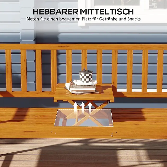 Outsunny Gartenbank - Kiefernholz, Braun - Hebbarer Holztisch in Geländer integriert, mit Büchern und Tasse. Bietet praktischen Platz für Getränke und Snacks.