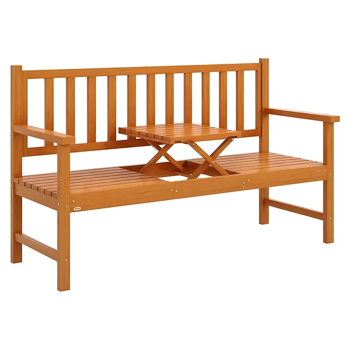 Outsunny Gartenbank - Kiefernholz, Braun - Hellbraune Gartenbank aus Holz mit Lamellendesign und einem zentralen, ausklappbaren Tisch.