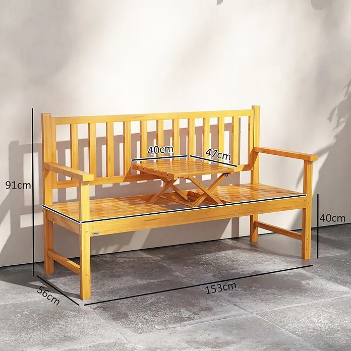 Outsunny Gartenbank - Kiefernholz, Braun - Helle Holzgartenbank mit ausklappbarem Mitteltisch. Maße: L153xH91xT56cm, Sitz H40cm, Tisch L47xB40cm.