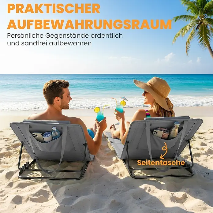Outsunny Gartenliegen-Set - B x T: 57 x 154 cm, Dunkelgrau, Stahl, Klappbar - Graue Strandstühle mit integrierten Seitentaschen zur sandfreien Aufbewahrung persönlicher Gegenstände.