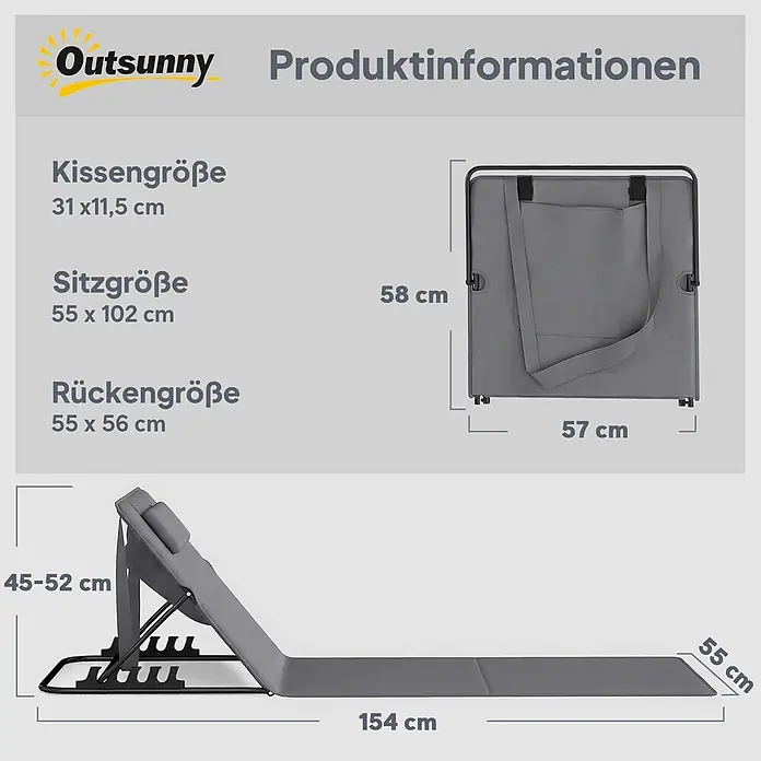 Outsunny Gartenliegen-Set - B x T: 57 x 154 cm, Dunkelgrau, Stahl, Klappbar - Graue faltbare Strandliege mit verstellbarer Rückenlehne, offen und zusammengeklappt mit Maßen dargestellt.
