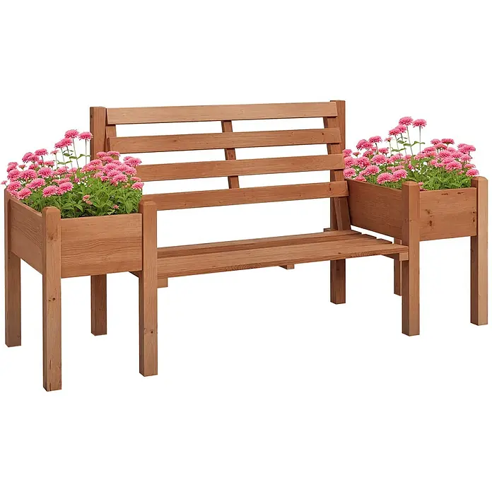 Outsunny Gartenbank - Tannenholz, Braun - Holzbank mit integrierten Pflanzkästen an beiden Enden, gefüllt mit rosa Blumen.