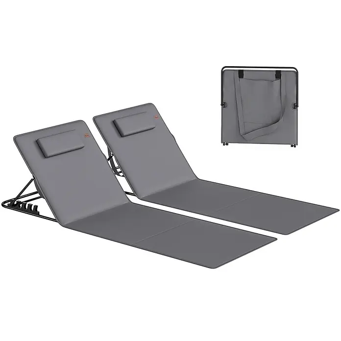 Outsunny Gartenliegen-Set - B x T: 57 x 154 cm, Dunkelgrau, Stahl, Klappbar - Zwei graue klappbare gepolsterte Liegen mit verstellbaren Rückenlehnen und Kopfstützen, eine davon zusammengeklappt mit Tragegurt.