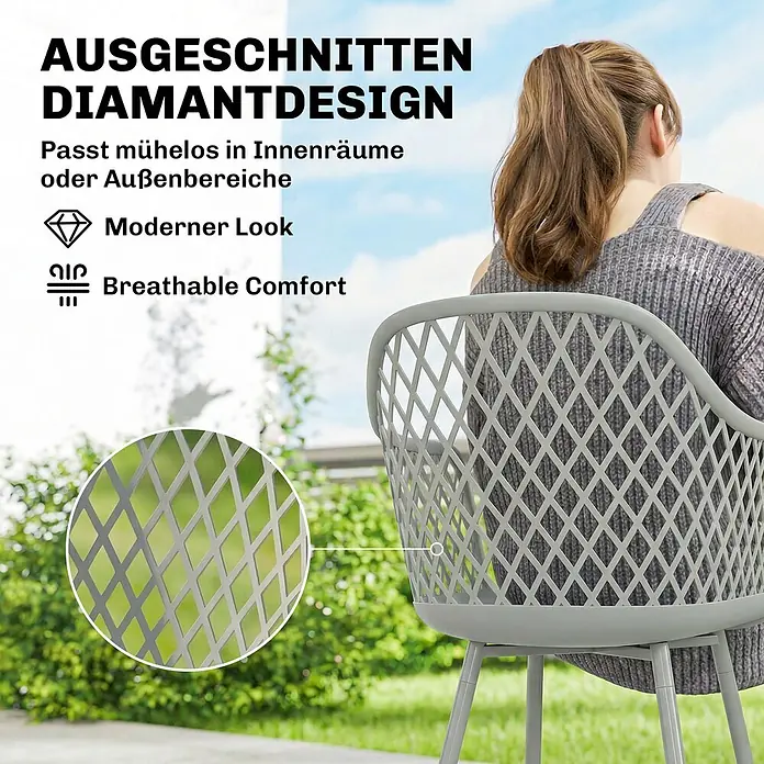 Outsunny Gartenstuhl-Set - 4 Stk., Metall, Kunststoff, Hellgrau - Hellgrauer Stuhl mit offenem Rautenmuster an der Rückenlehne, geeignet für Innen- und Außenbereiche.